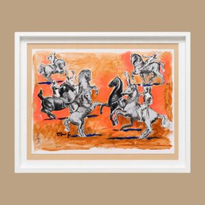 Dario Fo (Sangiano, 24 marzo 1926 – Milano, 13 ottobre 2016) Cavalli - tecnica mista su tavola Opera esposta alla mostra "Lazzi sberleffi e dipinti" al Palazzo Reale di Milano nel 2012 - cm 52.5x28 Libera Università di Alcatraz; collezione privata Dott. Cesare Lisandria.