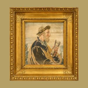 Ricamo in seta e filo d’argento con dettagli a gouache raffigurante Ludovico Ariosto Italia centrale - circa 1780 Con cornice: h 53 x 50 cm
