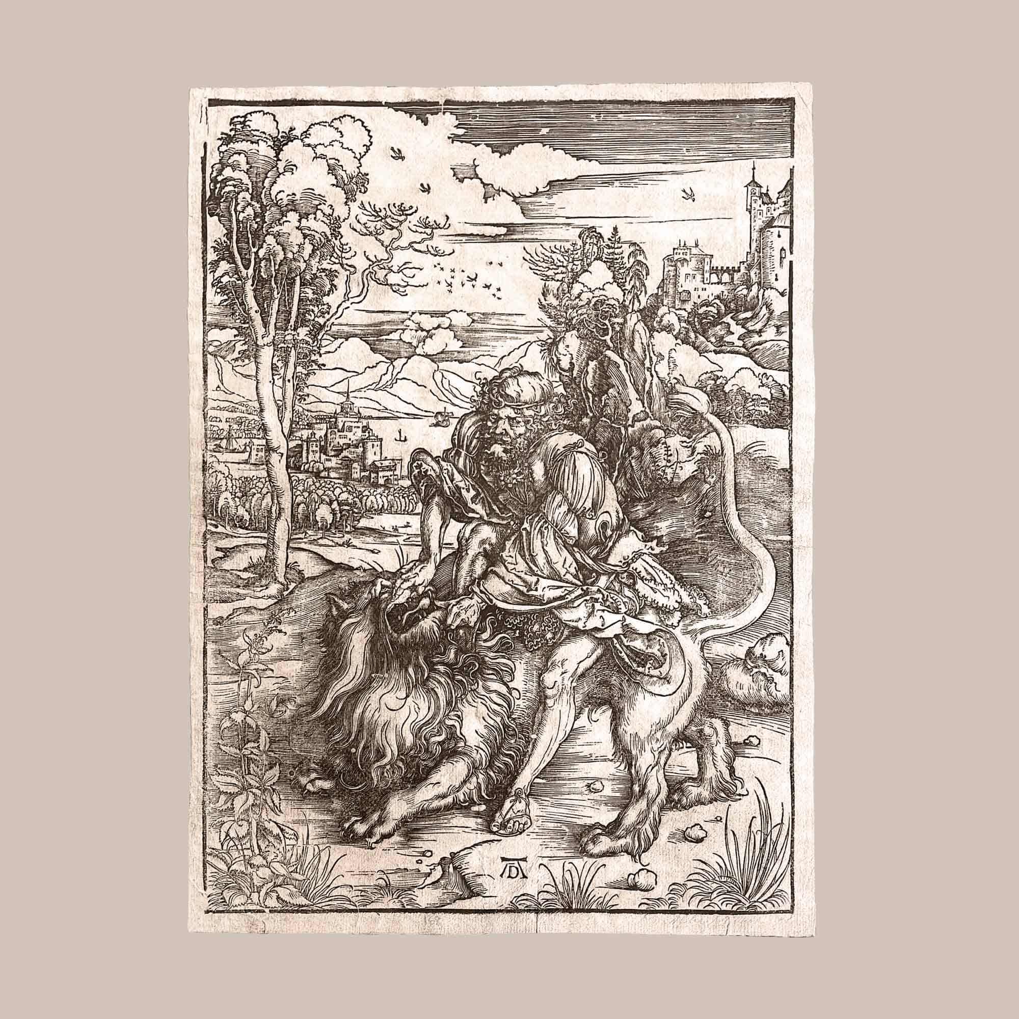 Albrecht Dürer, Sansone che uccide il leone, 1497-1498, xilografia originale in tiratura Filigrana giglio in un cerchio databile al 1530/60 - Monogramma in basso al centro - cm 27,8x38 Ottimo stato di conservazione