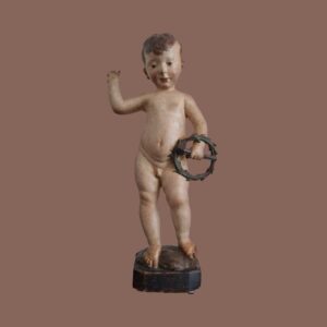 Francesco di Simone Ferrucci (Fiesole 1437 - Firenze 1493) Gesù bambino benedicente con i simboli della passione scultura in stucco policromo lumeggiata in oro zecchino Ultimo quarto del '400